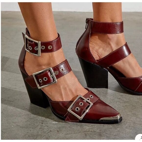 Jeffrey Campbell x Free People Hendrix Heels Burgundy Buckle Block Heels 9.5 - Picture 1 of 15